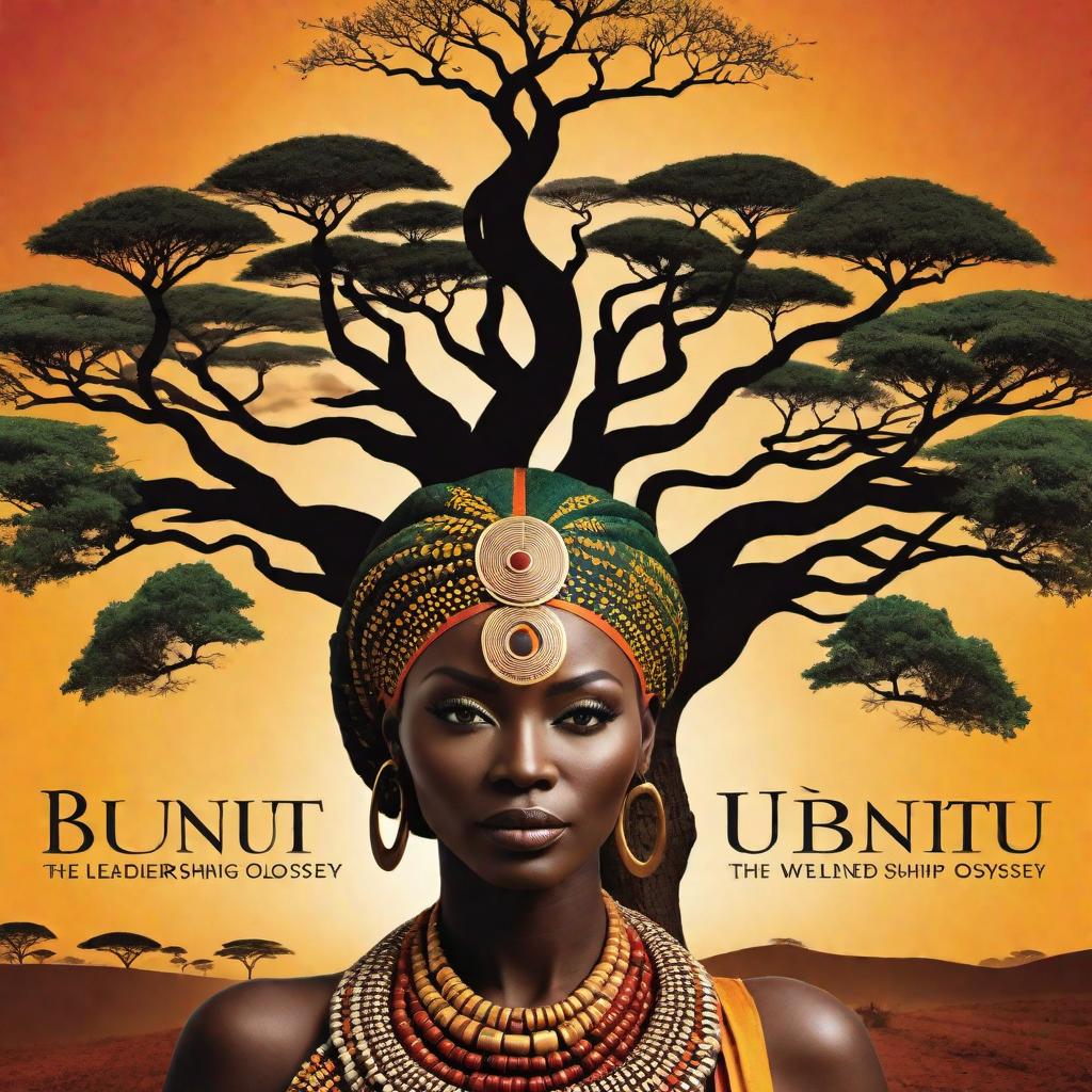  Design a magazine cover for 'Ubuntu Horizons: The Leadership and Wellness Odyssey' that reflects African heritage and global appeal. The cover should feature an artistic representation of the African philosophy Ubuntu with interconnected human figures or cultural symbols. Include imagery that conveys leadership and wellness, such as an African savanna horizon or a baobab tree as a metaphor for growth and community. The design must be modern, with bold typography for the magazine title, and evoke a sense of journey and exploration in leadership and wellness. The cover should also hint at the dynamic, multicultural content inside, showcasing elements that reflect both African traditions and international perspectives. hyperrealistic, full body, detailed clothing, highly detailed, cinematic lighting, stunningly beautiful, intricate, sharp focus, f/1. 8, 85mm, (centered image composition), (professionally color graded), ((bright soft diffused light)), volumetric fog, trending on instagram, trending on tumblr, HDR 4K, 8K