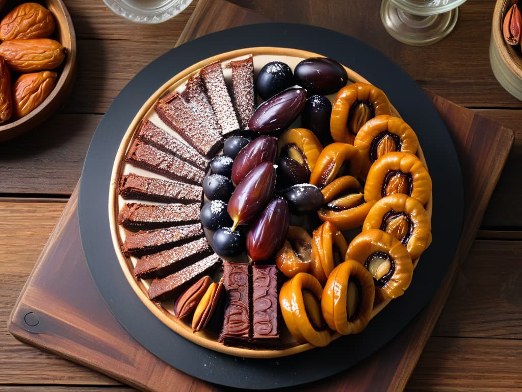  A photorealistic image of a platter filled with an assortment of decadent desserts, beautifully garnished with fresh dates that are sliced open to reveal their caramellike texture and natural sweetness. The desserts range from rich chocolate cakes to delicate fruit tarts, all artfully arranged on a rustic wooden table with soft, natural lighting enhancing the colors and textures of the treats. This image conveys the luxurious and wholesome appeal of using dates as a natural sweetener in desserts, perfectly complementing the informative article on the benefits and usage of dates in sweet dishes. hyperrealistic, full body, detailed clothing, highly detailed, cinematic lighting, stunningly beautiful, intricate, sharp focus, f/1. 8, 85mm, (centered image composition), (professionally color graded), ((bright soft diffused light)), volumetric fog, trending on instagram, trending on tumblr, HDR 4K, 8K