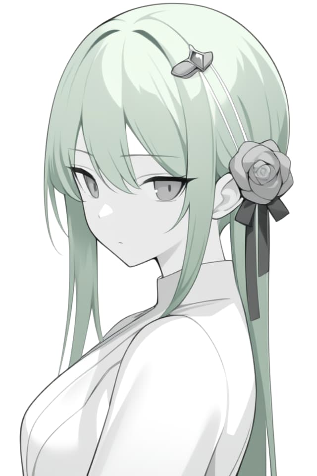  (masterpiece,best quakity;1.4),1girl,solo,green hair,long hair,grey eyes,formal dress,grey rose hair ornament,expressionless,simple background,portrait,(monochrome:1.2),