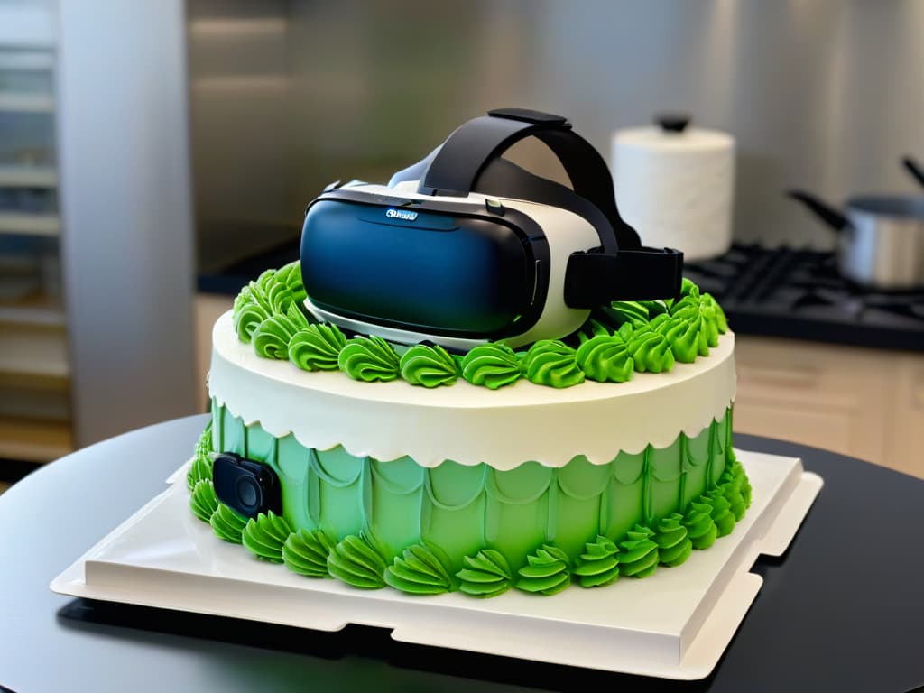  An ultradetailed closeup image of a virtual reality headset resting on a sleek, modern kitchen countertop. The headset's visor reflects a beautifully decorated cake being skillfully crafted by digital hands, showcasing a blend of traditional pastry skills and cuttingedge technology. The intricate details of the cake, from delicate piping work to vibrant colors, are strikingly realistic, highlighting the innovative approach to pastry education through virtual reality. hyperrealistic, full body, detailed clothing, highly detailed, cinematic lighting, stunningly beautiful, intricate, sharp focus, f/1. 8, 85mm, (centered image composition), (professionally color graded), ((bright soft diffused light)), volumetric fog, trending on instagram, trending on tumblr, HDR 4K, 8K