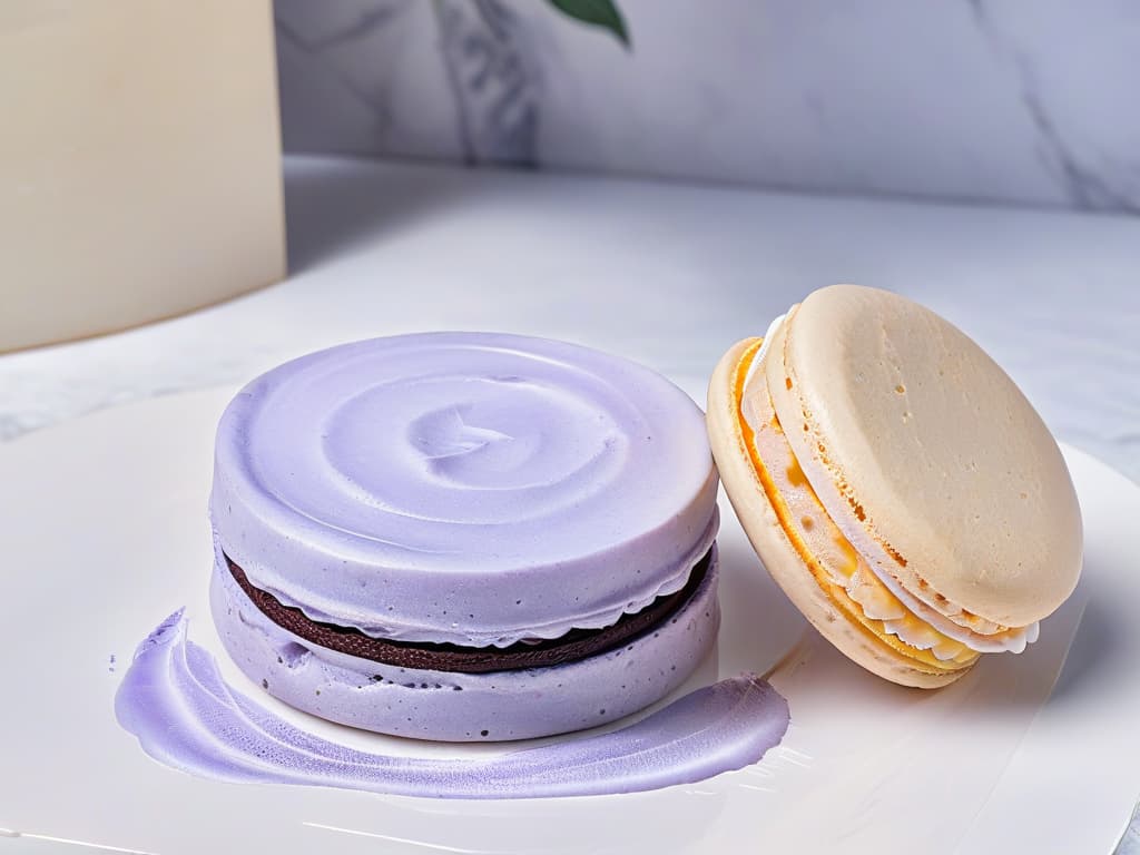  A closeup, ultradetailed image of a delicate lavenderinfused macaron resting on a marble countertop, with a subtle hint of fresh lavender sprigs in the background. The macaron's surface is perfectly smooth, showcasing a light purple hue that contrasts elegantly with the white marble, capturing the essence of the surprising combination of herbs and sweets. hyperrealistic, full body, detailed clothing, highly detailed, cinematic lighting, stunningly beautiful, intricate, sharp focus, f/1. 8, 85mm, (centered image composition), (professionally color graded), ((bright soft diffused light)), volumetric fog, trending on instagram, trending on tumblr, HDR 4K, 8K