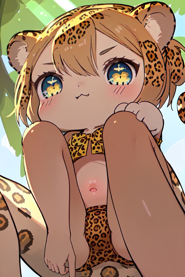  (Close up from the knee) Cute Beautiful Girl, Masterpiece, (Cute Leopard Beastie), in Leopard, SHOWING BELLY, NICE BODY, SHY, SUNLIGHT , 8K, 16k