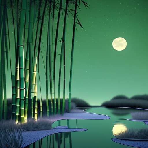  Bamboo tree beside a pond at night with moon in the sky