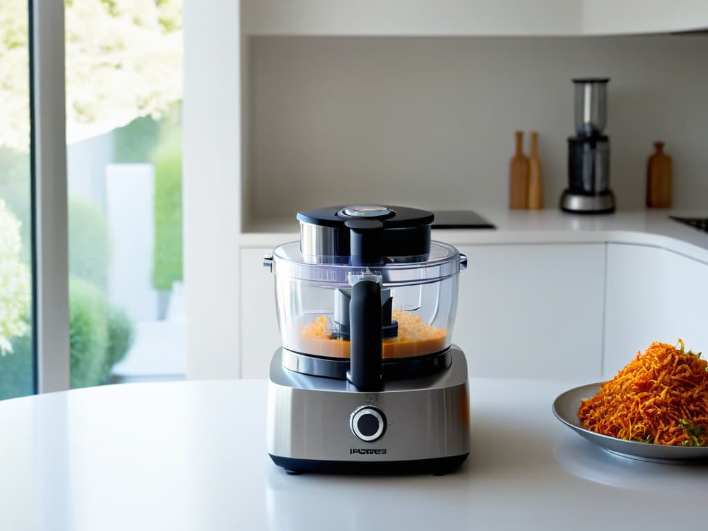  A closeup, ultradetailed image of a sleek, modern food processor in a pristine kitchen setting, with soft natural light streaming in from a window, highlighting its elegant design and intricate stainless steel blades. hyperrealistic, full body, detailed clothing, highly detailed, cinematic lighting, stunningly beautiful, intricate, sharp focus, f/1. 8, 85mm, (centered image composition), (professionally color graded), ((bright soft diffused light)), volumetric fog, trending on instagram, trending on tumblr, HDR 4K, 8K