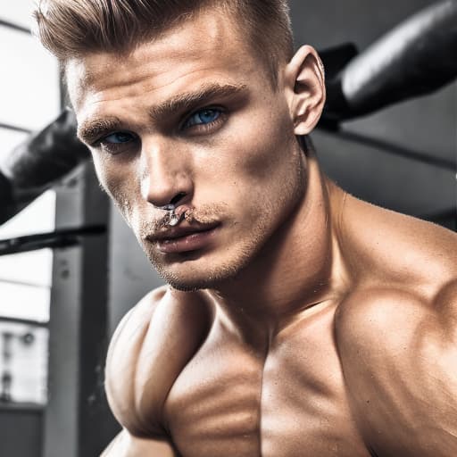 portrait+ style Russian queer fitness model blonde hunk dude face