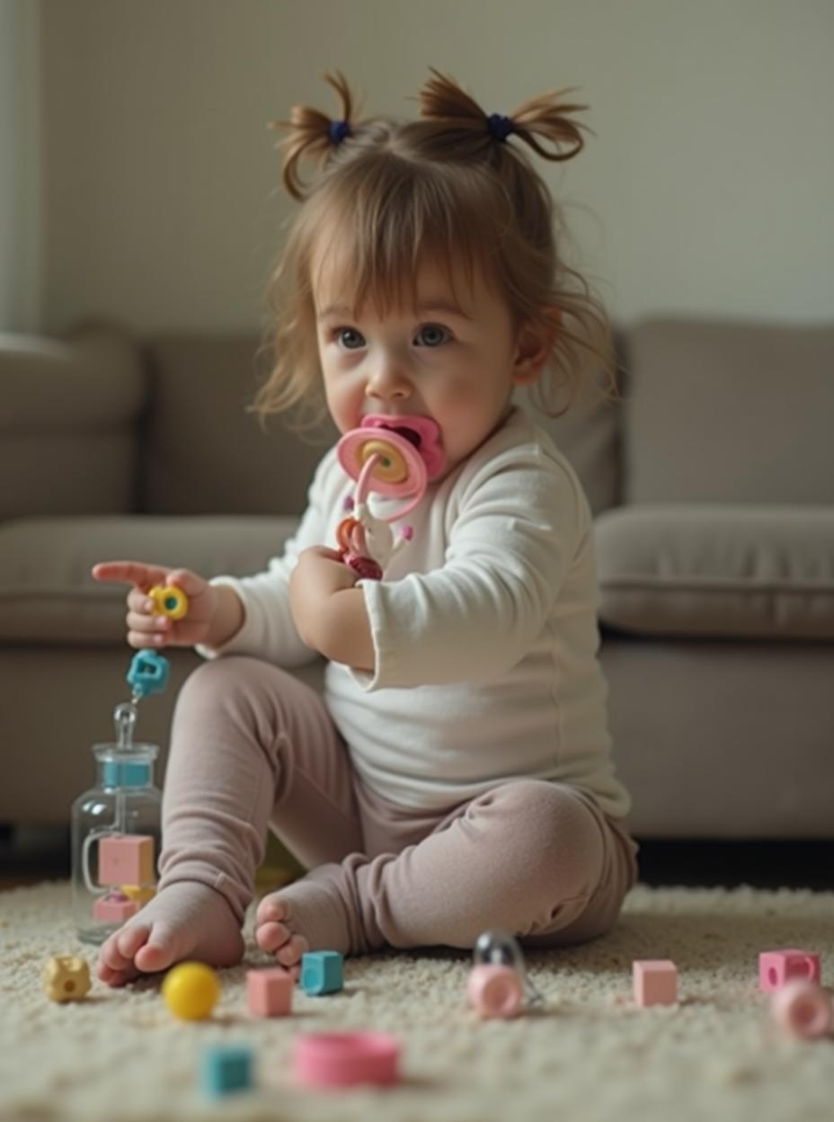  good quality, high quality, a forty businesswoman sitting on the floor of a living room acting unusual. she has pigtails hairstyle. she is ing on a pacifier. she is playing with toys. her mature features contrast with her actions.