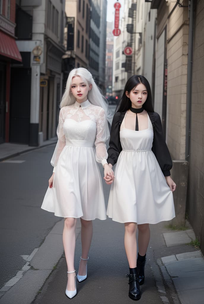  two girls walk in empty city alone in parallel world, white hair girl with white dress and black hair girl with black dress , zoom out wide vision , ADVERTISING PHOTO,high quality, good proportion, masterpiece , The image is captured with an 8k camera