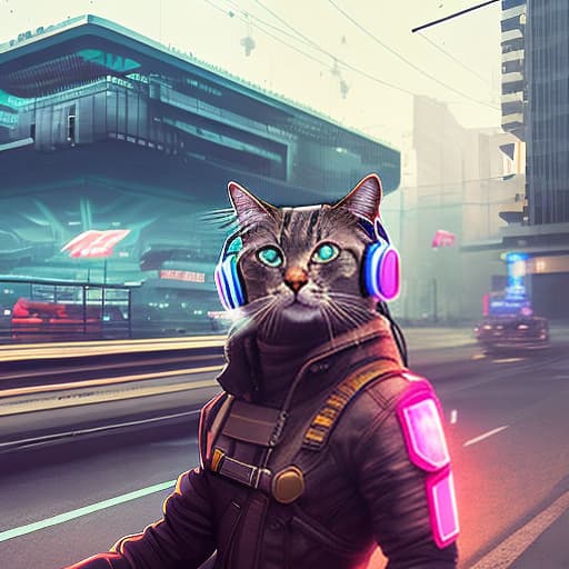 nvinkpunk Realistic image of a cat wearing headphones and reading glasses while riding a bus. hyperrealistic, full body, detailed clothing, highly detailed, cinematic lighting, stunningly beautiful, intricate, sharp focus, f/1. 8, 85mm, (centered image composition), (professionally color graded), ((bright soft diffused light)), volumetric fog, trending on instagram, trending on tumblr, HDR 4K, 8K