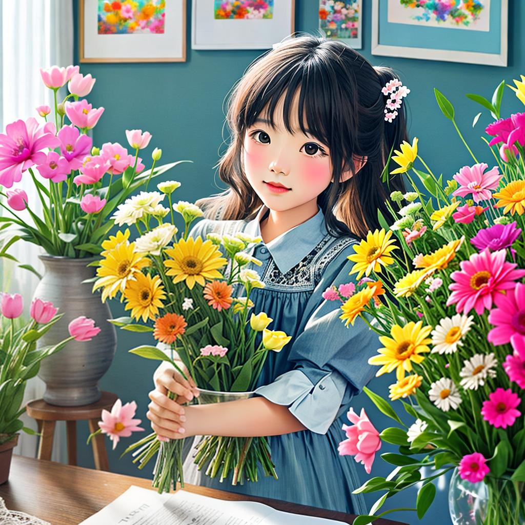  with a crayon art style, A charming scene unfolds as a girl delicately places vibrant flowers into an enchanting crayon rendered vase.