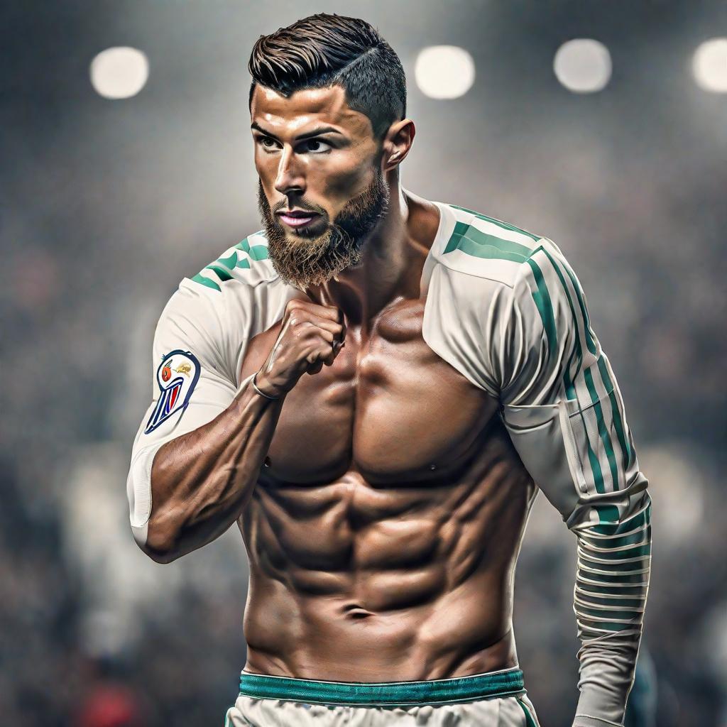  Cristiano Ronaldo with beard hyperrealistic, full body, detailed clothing, highly detailed, cinematic lighting, stunningly beautiful, intricate, sharp focus, f/1. 8, 85mm, (centered image composition), (professionally color graded), ((bright soft diffused light)), volumetric fog, trending on instagram, trending on tumblr, HDR 4K, 8K