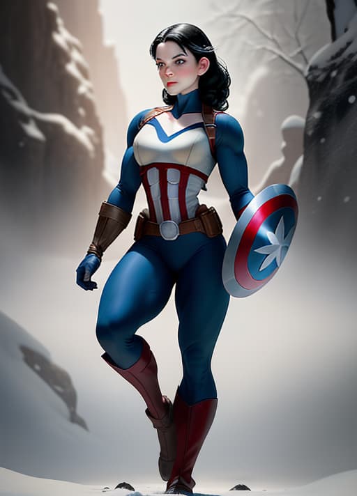  Create a photorealistic full-body image of Snow White, maintaining her original clothing, but altering her body frame to resemble Captain America's physique. Ensure the transformation is seamless and realistic, blending Snow White's classic attire with the muscular build of Captain America. Capture the essence of both characters in a single cohesive image.