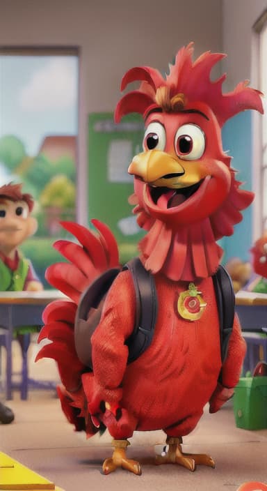  {Rooster looking happy as he listens to the teacher and other children engaging in various activities around him., A bright red and orange rooster with shiny feathers and a curious expression; he wears a small backpack. Other characters throughout the story include young children, teachers, and various animals, all with friendly and approachable faces.