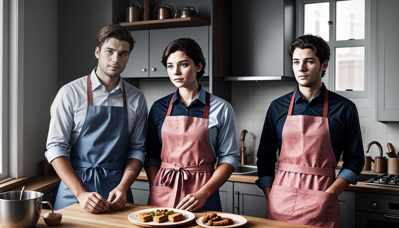  digital illustration, A couple, Daniel and Sophie, looking dissatisfied, Daniel in a suit and Sophie in a traditional apron, mismatch, discomfort, looking at viewer, dynamic pose, (intricate details, masterpiece, best quality)