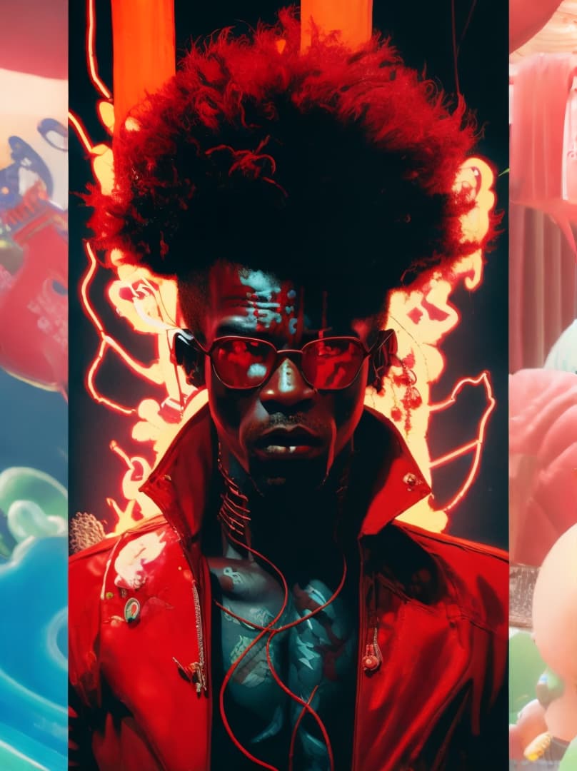  , afro kung fu master, red gi, full body, wide-angle epic Luxurypunk funk - A - delic::12 Afropunk::5 Cyberpunk, blade runner ambiant, cinematic composition, cinematic lighting, nuances, paper, comic art, comic book, one single box, neo noir genre, ink outlines, chiaroscuro detailed hands::5<lora:aether-bubbles-v1:0.6709550333510255><lora:gd-oil-painting-stick:0.5747911360509725><lora:barbiecore---barbify:0.6854016016605409><lora:hd-all-in-one-lora:1> hyperrealistic, full body, detailed clothing, highly detailed, cinematic lighting, stunningly beautiful, intricate, sharp focus, f/1. 8, 85mm, (centered image composition), (professionally color graded), ((bright soft diffused light)), volumetric fog, trending on instagram, trending on tumblr, HDR 4K, 8K