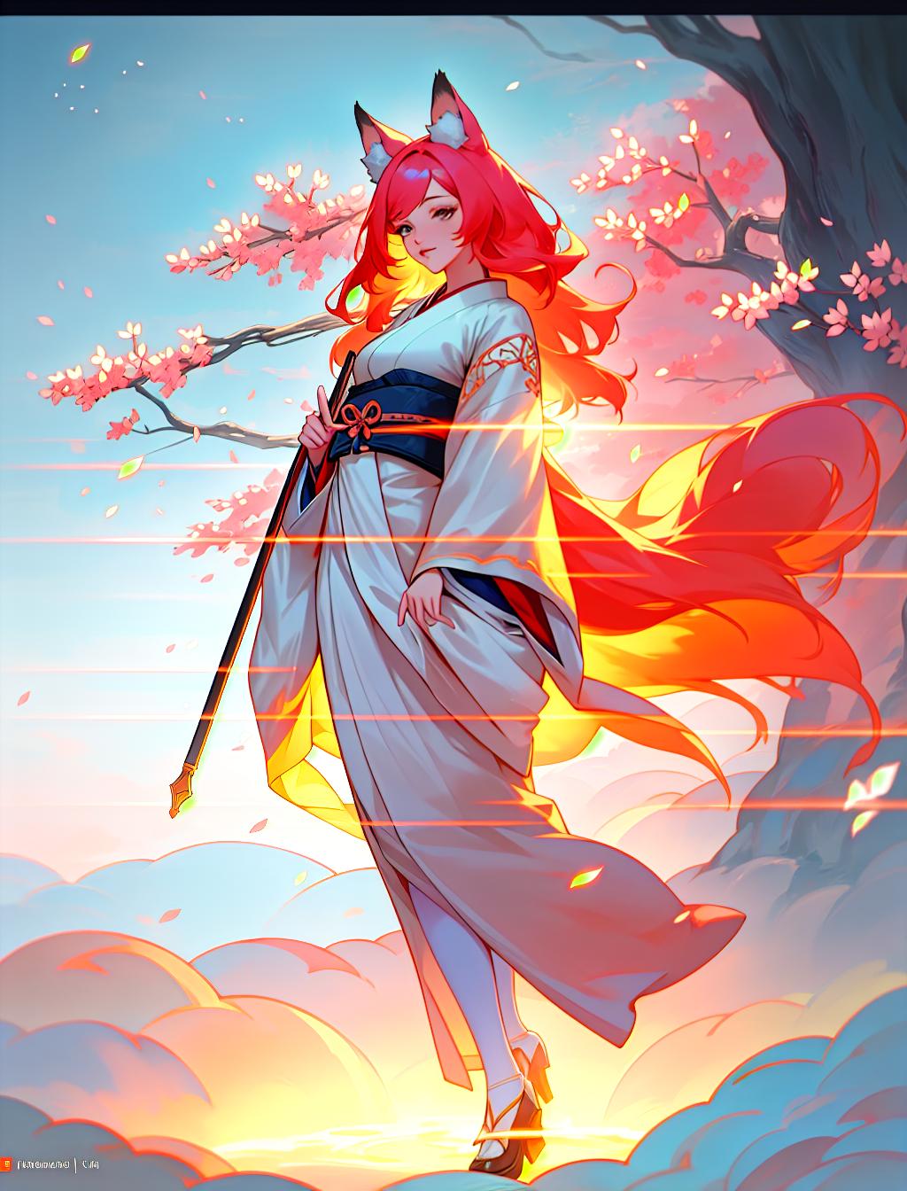  Create a digital artwork inspired by the style of loish on Artstation, featuring a woman with fox ears wearing Japanese clothing with cherry blossom hair ornaments, hyperrealistic, full body, detailed clothing, highly detailed, cinematic lighting, stunningly beautiful, intricate, sharp focus, f/1. 8, 85mm, (centered image composition), (professionally color graded), ((bright soft diffused light)), volumetric fog, trending on instagram, trending on tumblr, HDR 4K, 8K hyperrealistic, full body, detailed clothing, highly detailed, cinematic lighting, stunningly beautiful, intricate, sharp focus, f/1. 8, 85mm, (centered image composition), (professionally color graded), ((bright soft diffused light)), volumetric fog, trending on instagram, trending on tumblr, HDR 4K, 8K