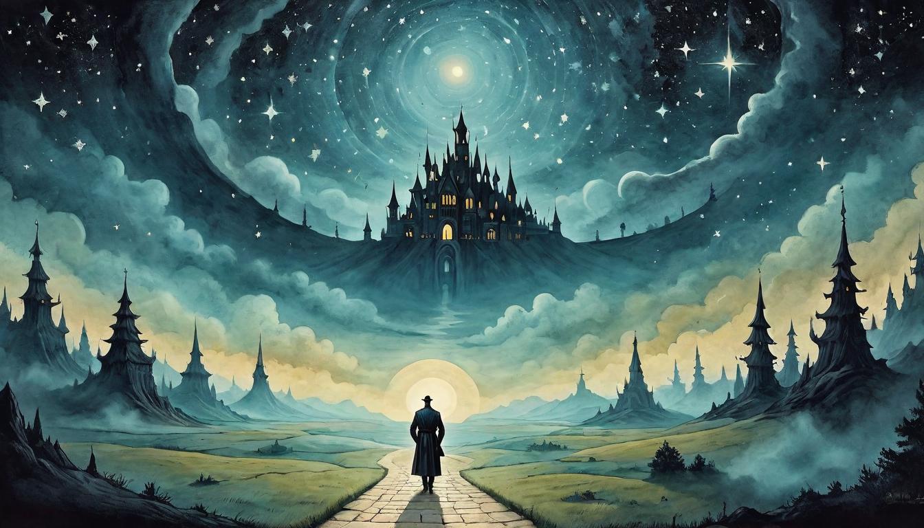  on parchment, surrealism+++, Person standing on illuminated path, landscape dark, radiant environment before them, background stars, atmosphere determined, purpose driven, enlightening(mysterious, provocative, symbolic,muted color)+++