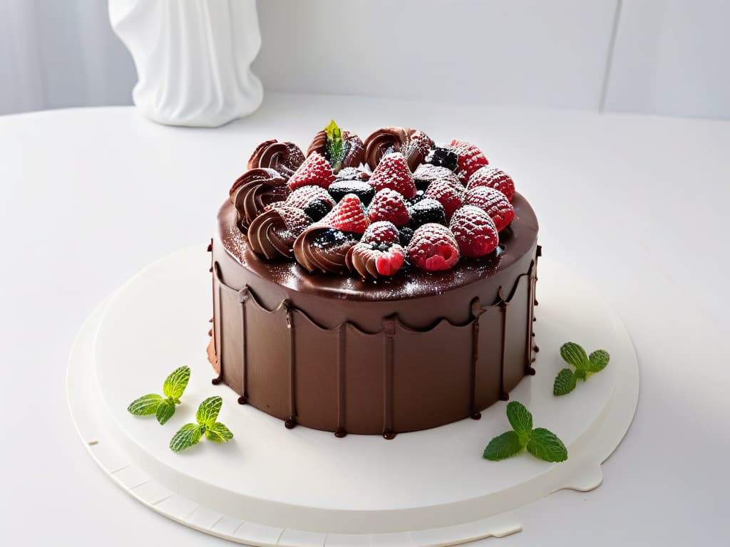  An ultradetailed image of a decadent triplelayer chocolate cake with intricate swirls of chocolate frosting on top, adorned with fresh raspberries and mint leaves, all placed on a simple, elegant white cake stand. The cake is captured from a slightly elevated angle, showcasing the rich, glossy texture of the frosting and the vibrant colors of the berries against the pristine white background. The lighting is soft and diffused, casting a gentle glow over the cake to emphasize its indulgent allure. hyperrealistic, full body, detailed clothing, highly detailed, cinematic lighting, stunningly beautiful, intricate, sharp focus, f/1. 8, 85mm, (centered image composition), (professionally color graded), ((bright soft diffused light)), volumetric fog, trending on instagram, trending on tumblr, HDR 4K, 8K