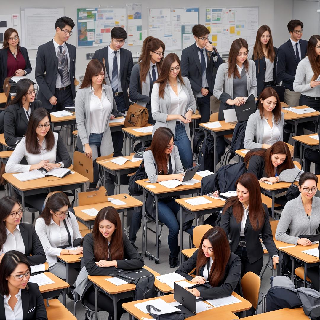  First day of class. University students in the classroom. hyperrealistic, full body, detailed clothing, highly detailed, cinematic lighting, stunningly beautiful, intricate, sharp focus, f/1. 8, 85mm, (centered image composition), (professionally color graded), ((bright soft diffused light)), volumetric fog, trending on instagram, trending on tumblr, HDR 4K, 8K