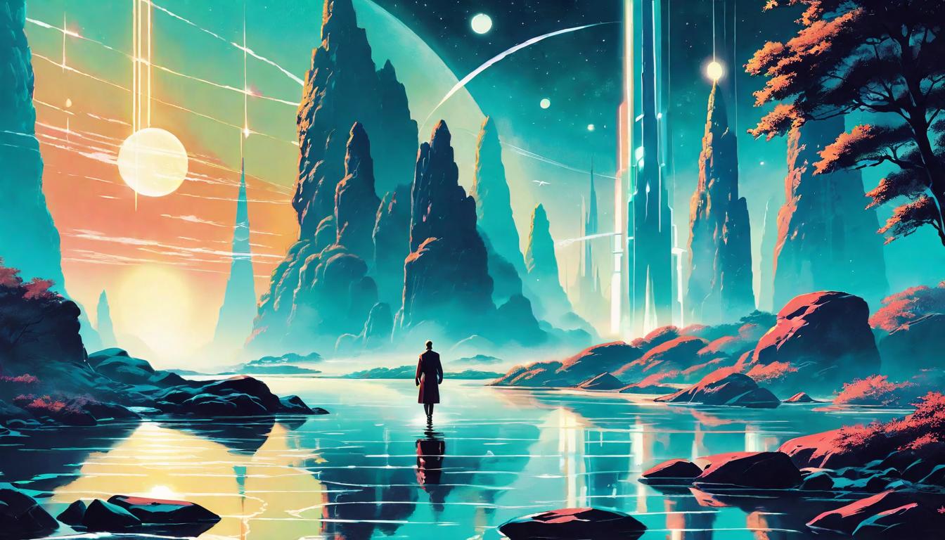  retro futuristic A person stepping across stones over a luminous river, selective connections guiding the way, stones glow with symbols of purpose and upliftment, serene moonlight, journey towards self fulfillment, paths chosen with intention lvintage sci fi, 50s and 60s style, atomic age, vibrant, highly detailed