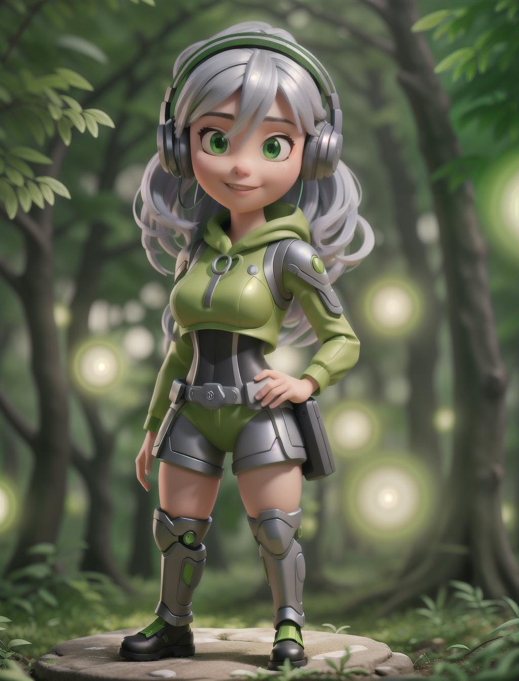  a cute cyborg girl with silver hair standing in a green forest, Dynamic Background, Vibrant Color, wearing a headset, enjoying music hyperrealistic, full body, detailed clothing, highly detailed, cinematic lighting, stunningly beautiful, intricate, sharp focus, f/1. 8, 85mm, (centered image composition), (professionally color graded), ((bright soft diffused light)), volumetric fog, trending on instagram, trending on tumblr, HDR 4K, 8K