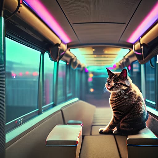 nvinkpunk Realistic image of a cat wearing headphones and reading glasses while riding a bus. hyperrealistic, full body, detailed clothing, highly detailed, cinematic lighting, stunningly beautiful, intricate, sharp focus, f/1. 8, 85mm, (centered image composition), (professionally color graded), ((bright soft diffused light)), volumetric fog, trending on instagram, trending on tumblr, HDR 4K, 8K