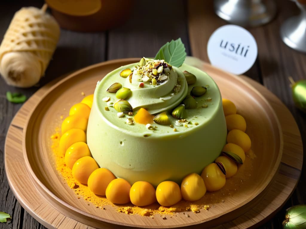  An 8k ultradetailed image of a handcrafted kulfi ice cream being garnished with chopped pistachios and saffron strands, set against a backdrop of vibrant Indian spices like cardamom and cinnamon on a rustic wooden table. The kulfi is adorned with a delicate silver leaf, evoking a sense of elegance and tradition, with intricate details showcasing the creamy texture and rich flavor of this traditional Indian dessert. hyperrealistic, full body, detailed clothing, highly detailed, cinematic lighting, stunningly beautiful, intricate, sharp focus, f/1. 8, 85mm, (centered image composition), (professionally color graded), ((bright soft diffused light)), volumetric fog, trending on instagram, trending on tumblr, HDR 4K, 8K