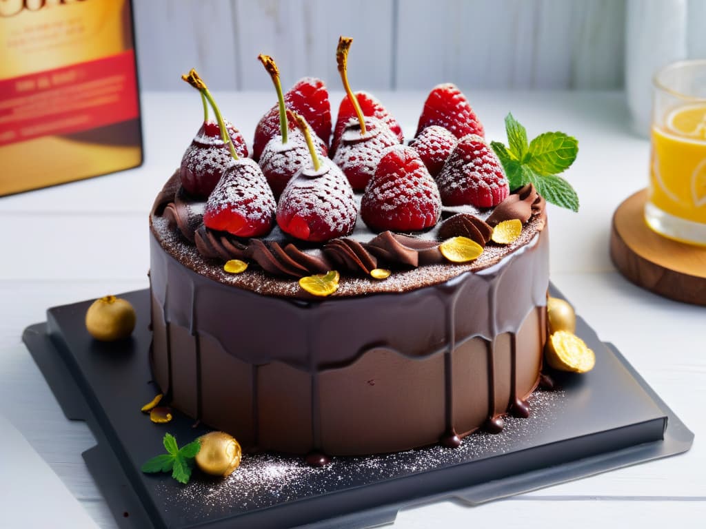  A photorealistic image of a decadent chocolate cake with a glossy ganache glaze, topped with a sprinkle of maca powder and edible gold flakes. The cake is placed on a rustic wooden table, surrounded by fresh raspberries and mint leaves, with soft natural light filtering through a nearby window, casting a gentle shadow on the surface. The rich texture of the cake contrasts beautifully with the vibrant colors of the fresh fruits, creating a visually stunning and appetizing composition. hyperrealistic, full body, detailed clothing, highly detailed, cinematic lighting, stunningly beautiful, intricate, sharp focus, f/1. 8, 85mm, (centered image composition), (professionally color graded), ((bright soft diffused light)), volumetric fog, trending on instagram, trending on tumblr, HDR 4K, 8K