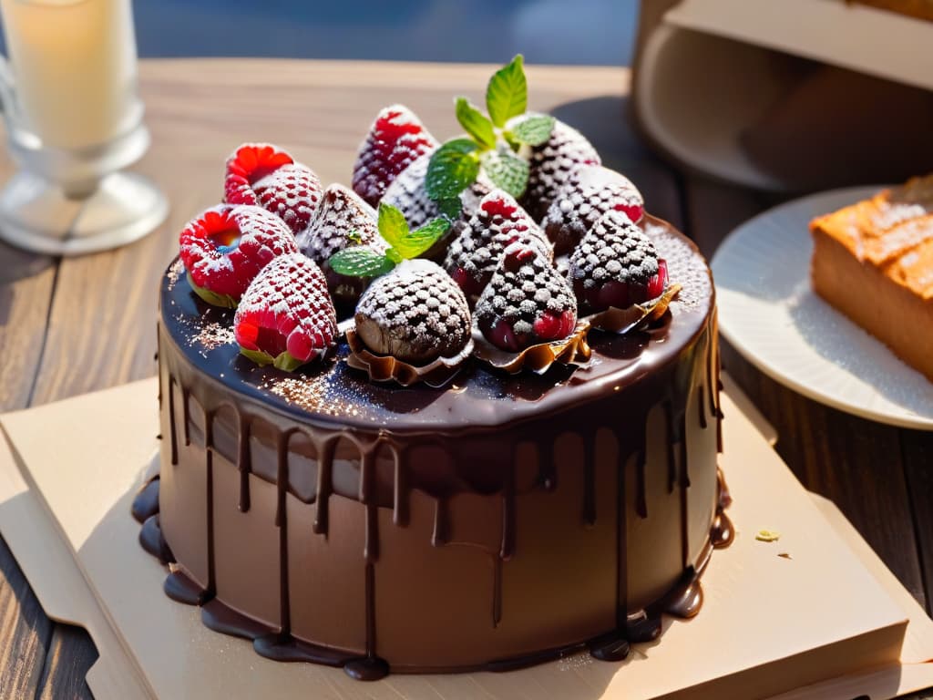  A closeup, photorealistic image of a decadent, multilayered chocolate cake with glossy ganache dripping down the sides, adorned with fresh raspberries, mint leaves, and edible gold flakes. The cake sits on a rustic wooden table, with soft natural light illuminating its rich, indulgent textures, inviting the viewer to savor the delectable treat and embody the essence of loyalty and satisfaction in a bakery setting. hyperrealistic, full body, detailed clothing, highly detailed, cinematic lighting, stunningly beautiful, intricate, sharp focus, f/1. 8, 85mm, (centered image composition), (professionally color graded), ((bright soft diffused light)), volumetric fog, trending on instagram, trending on tumblr, HDR 4K, 8K