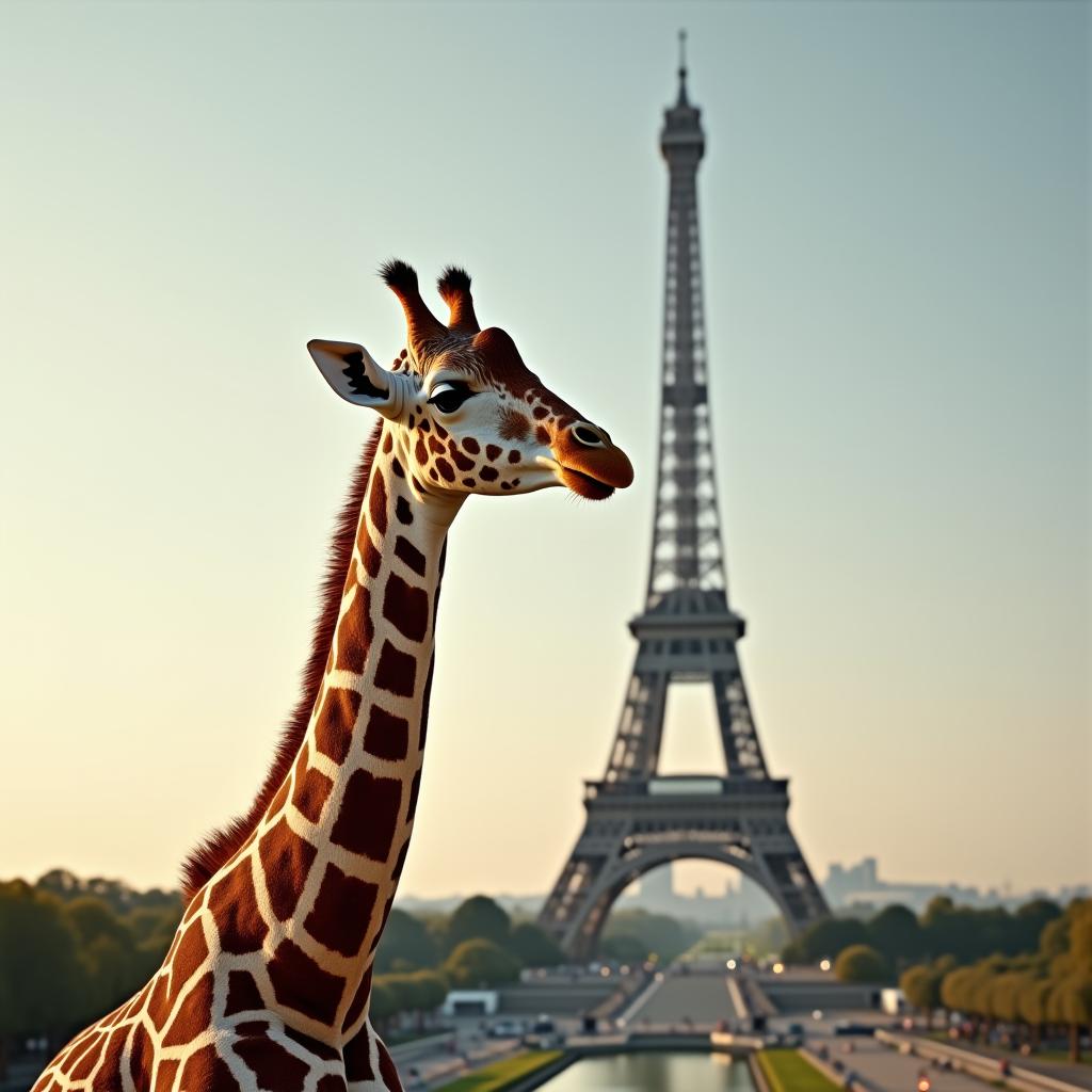  a giraffe in front of eiffel tower, award winning, professional, highly detailed, masterpiece