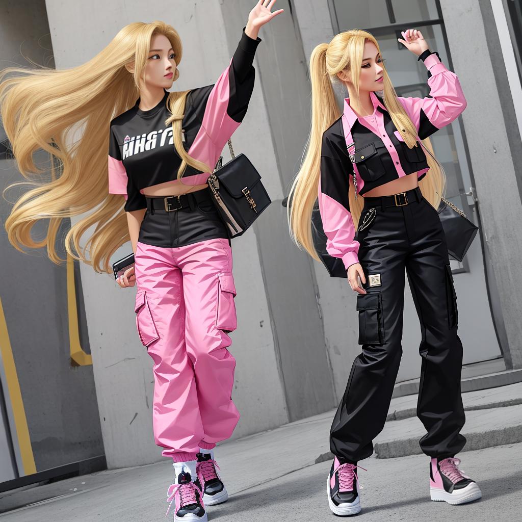  masterpiece, best quality,Blonde, long hair, bouncy and energetic, black cargo pants and pink blouse, air forces ,