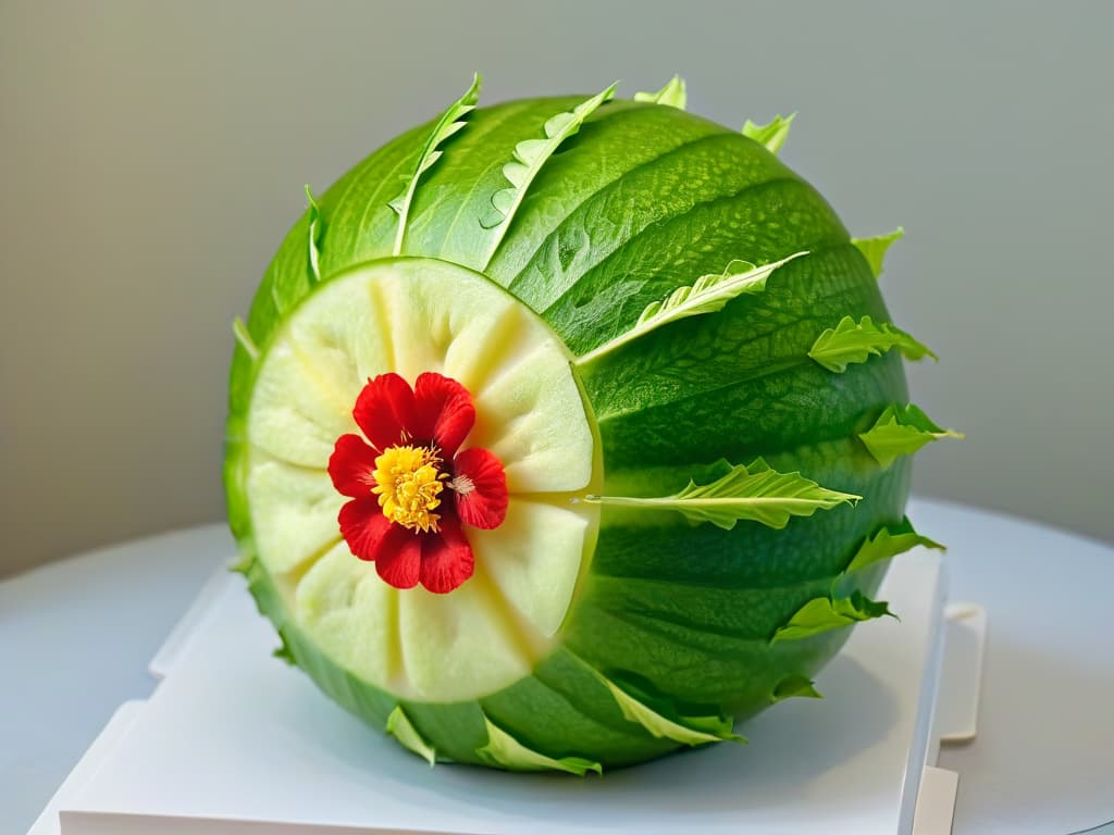  An ultradetailed image of a meticulously carved watermelon into a blooming flower shape, showcasing intricate petals and delicate details, set against a clean, white background. The precision and artistry of the fruit carving are evident, with each curve and design element highlighted with exceptional clarity and sharpness, emphasizing the skill and creativity involved in incorporating fruit and vegetable carving in pastry creations. hyperrealistic, full body, detailed clothing, highly detailed, cinematic lighting, stunningly beautiful, intricate, sharp focus, f/1. 8, 85mm, (centered image composition), (professionally color graded), ((bright soft diffused light)), volumetric fog, trending on instagram, trending on tumblr, HDR 4K, 8K