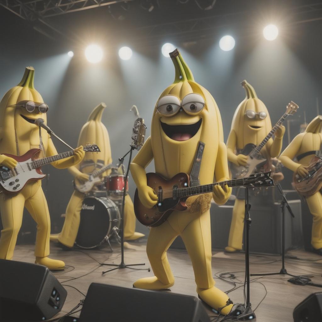  A rock band made up of banana people are playing a concert on stage, with the view from the hall full size. hyperrealistic, full body, detailed clothing, highly detailed, cinematic lighting, stunningly beautiful, intricate, sharp focus, f/1. 8, 85mm, (centered image composition), (professionally color graded), ((bright soft diffused light)), volumetric fog, trending on instagram, trending on tumblr, HDR 4K, 8K