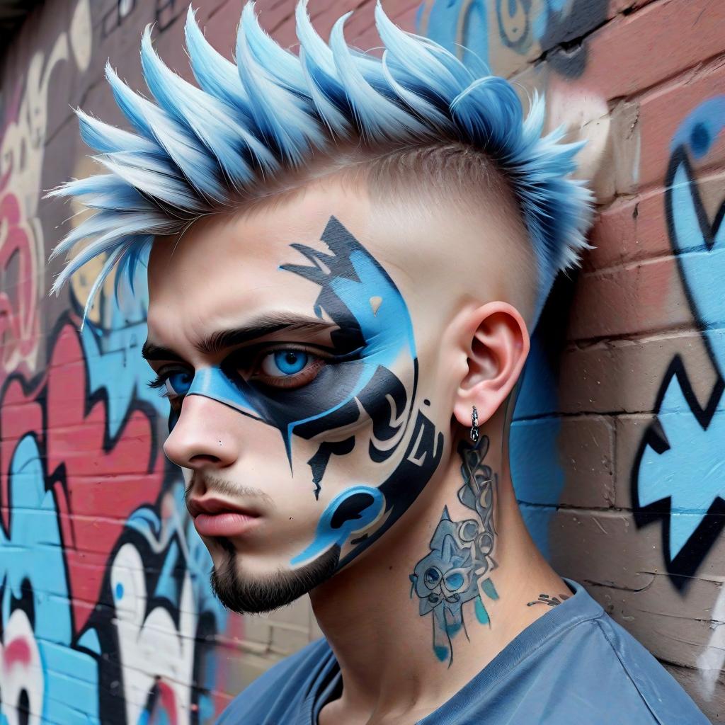  (best quality, masterpiece), (((high detail))), A handsome boy with a beautiful cascading haircut and a small tattoo under the ear and butchered bleached hair and a with light blue eye color when they have masks for graphic and they paint crazy graffiti on a wall with 