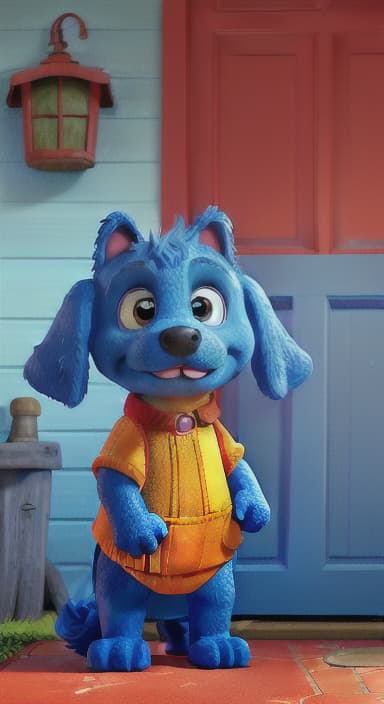  {Max the big blue dog standing in front of a cozy little house with a red door, The big blue dog is large with sky blue fur, big round eyes, a black nose, and floppy ears.