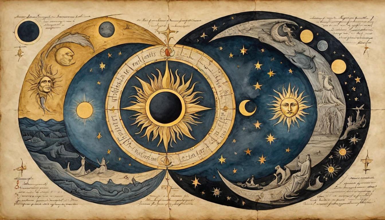  on parchment, surrealism+++, The moment of eclipse, where darkness suddenly shifts to light, symbolizing change, the sun and moon aligned, a new balance, transient yet transformative energy(mysterious, provocative, symbolic,muted color)+++