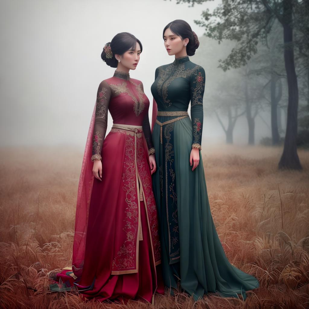  (2girl) hyperrealistic, full body, detailed clothing, highly detailed, cinematic lighting, stunningly beautiful, intricate, sharp focus, f/1. 8, 85mm, (centered image composition), (professionally color graded), ((bright soft diffused light)), volumetric fog, trending on instagram, trending on tumblr, HDR 4K, 8K