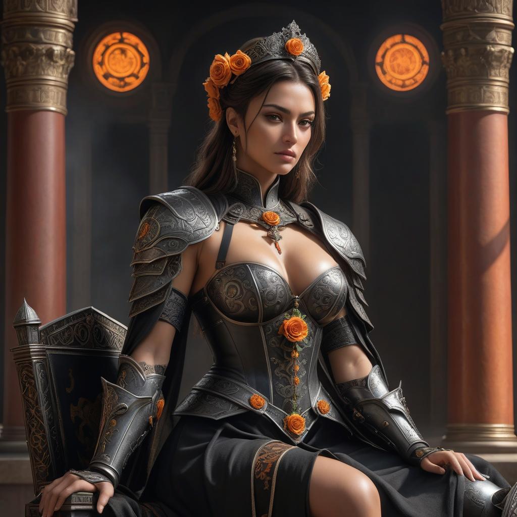  Renaissance style Young woman, seated on a throne made of iron, dressed in imperial robes, has a black sun embroidered on her left shoulder. On her right hand is an orange cross shaped tattoo in a semicircle. In her left hand she holds a scepter and in her right a black rose. Two guards stand to her sides, both fully clad in black armor, with spears in their right hands and shields in their left. . realistic, perspective, light and shadow, religious or mythological themes, highly detailed hyperrealistic, full body, detailed clothing, highly detailed, cinematic lighting, stunningly beautiful, intricate, sharp focus, f/1. 8, 85mm, (centered image composition), (professionally color graded), ((bright soft diffused light)), volumetric fog, trending on instagram, trending on tumblr, HDR 4K, 8K