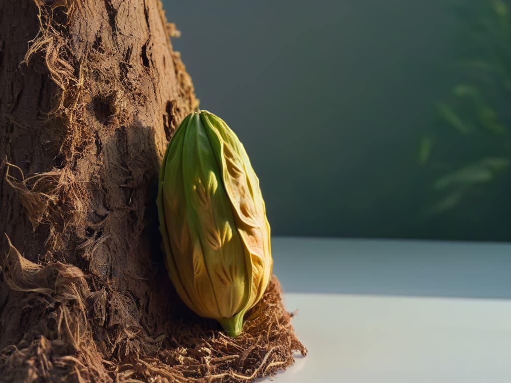  A closeup, ultradetailed image of a single cacao pod, showcasing the intricacies of its textured surface under soft, natural lighting. The pod is set against a simple, elegant backdrop, emphasizing its natural beauty and inviting contemplation of the sustainable and fair trade practices associated with cacao production. hyperrealistic, full body, detailed clothing, highly detailed, cinematic lighting, stunningly beautiful, intricate, sharp focus, f/1. 8, 85mm, (centered image composition), (professionally color graded), ((bright soft diffused light)), volumetric fog, trending on instagram, trending on tumblr, HDR 4K, 8K