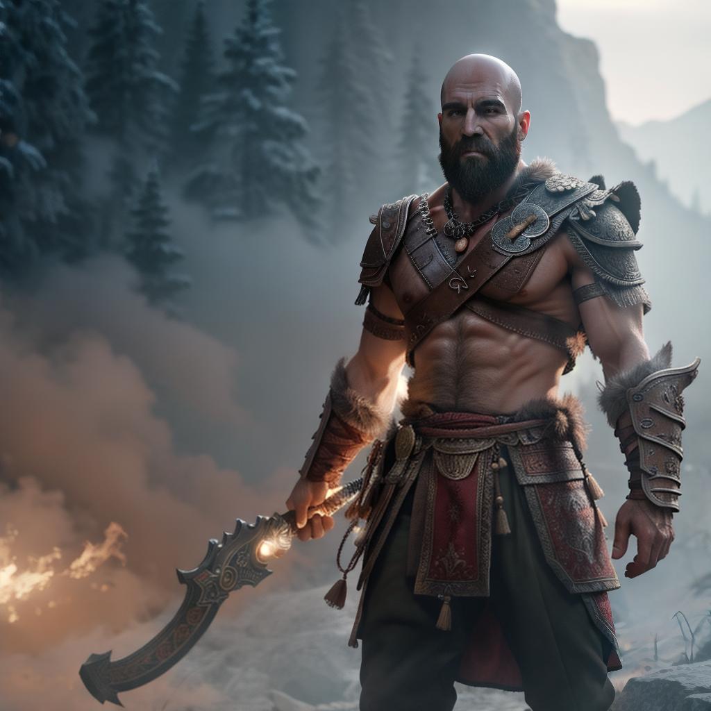  God of war hyperrealistic, full body, detailed clothing, highly detailed, cinematic lighting, stunningly beautiful, intricate, sharp focus, f/1. 8, 85mm, (centered image composition), (professionally color graded), ((bright soft diffused light)), volumetric fog, trending on instagram, trending on tumblr, HDR 4K, 8K