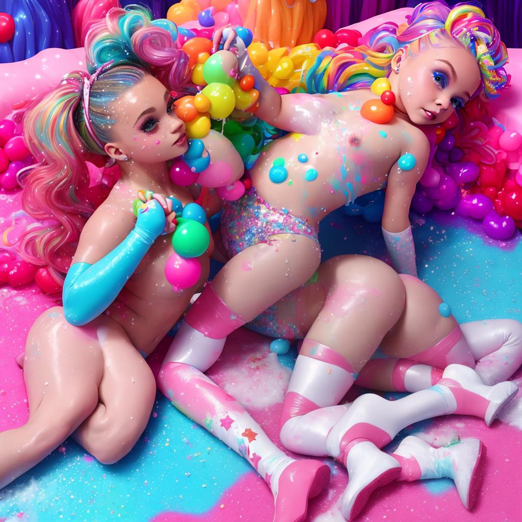  in a Candyland style, maddie Ziegler and Jojo Siwa, cumpussys, wet white cream splatted everywhere, totallynaked showing body, kissing me, accomplice, bed, undressed, sloppycum, no clothes on, intercoursesex