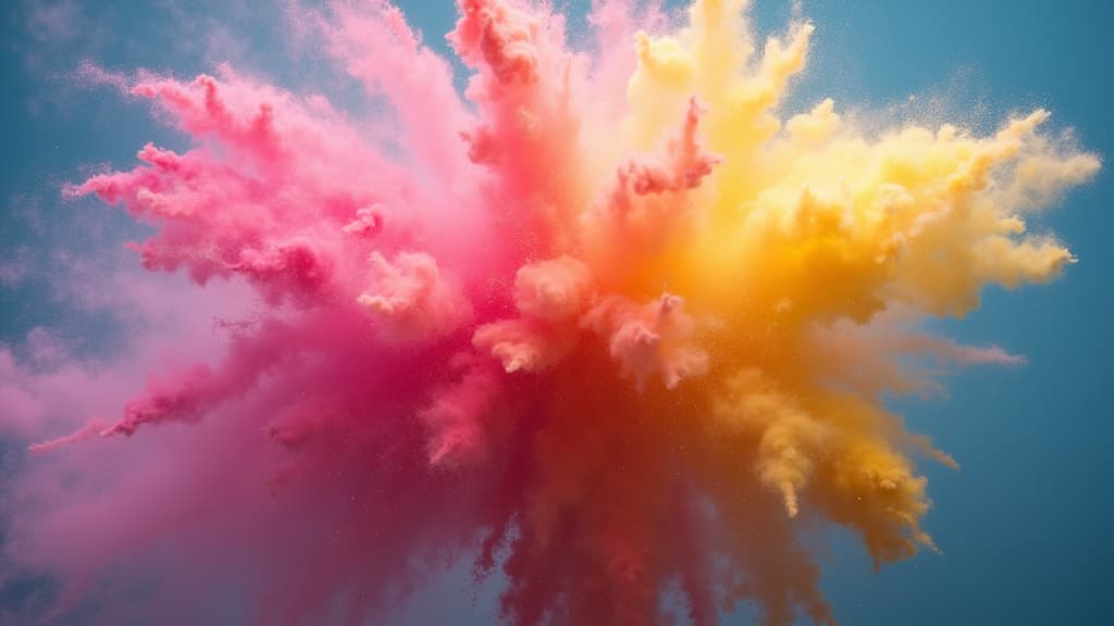  good quality, high quality, a stunning explosion of vibrant hues, including pink, yellow, and blue, capture mid air, resembling a colorful cloud of powder with dynamic energy and light effects.