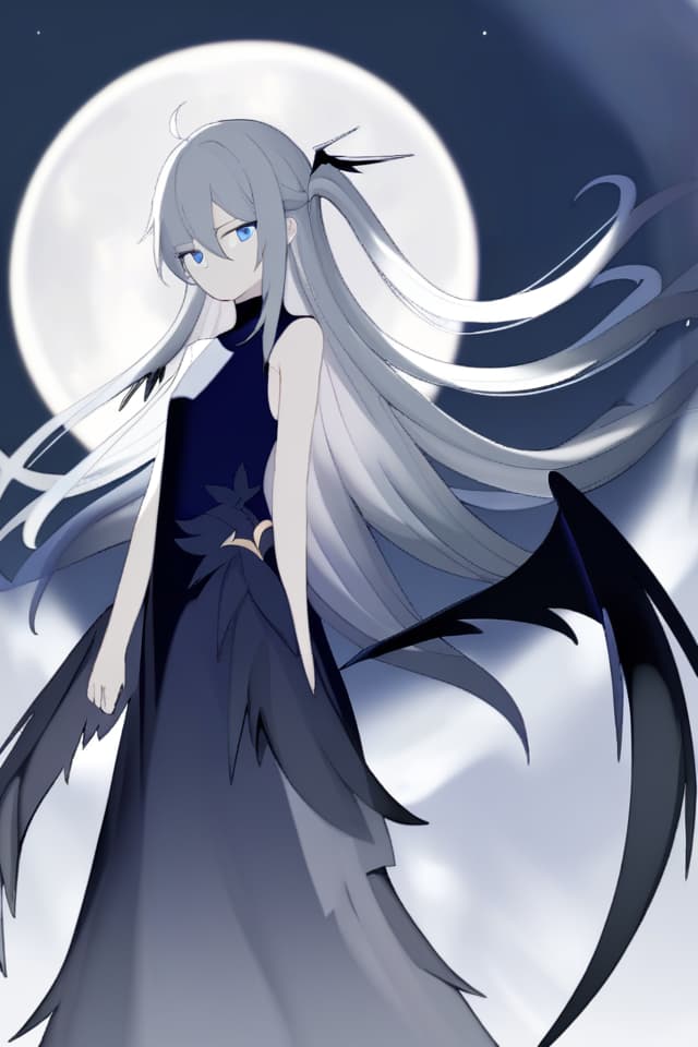  Fallen angels, gray hair, white , black , moon, blue eyes, side half up, , long hair, small s