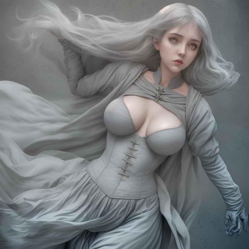  ghost girl, floating, grey color, sexxys body, with big bobbs. wear medieval clothes