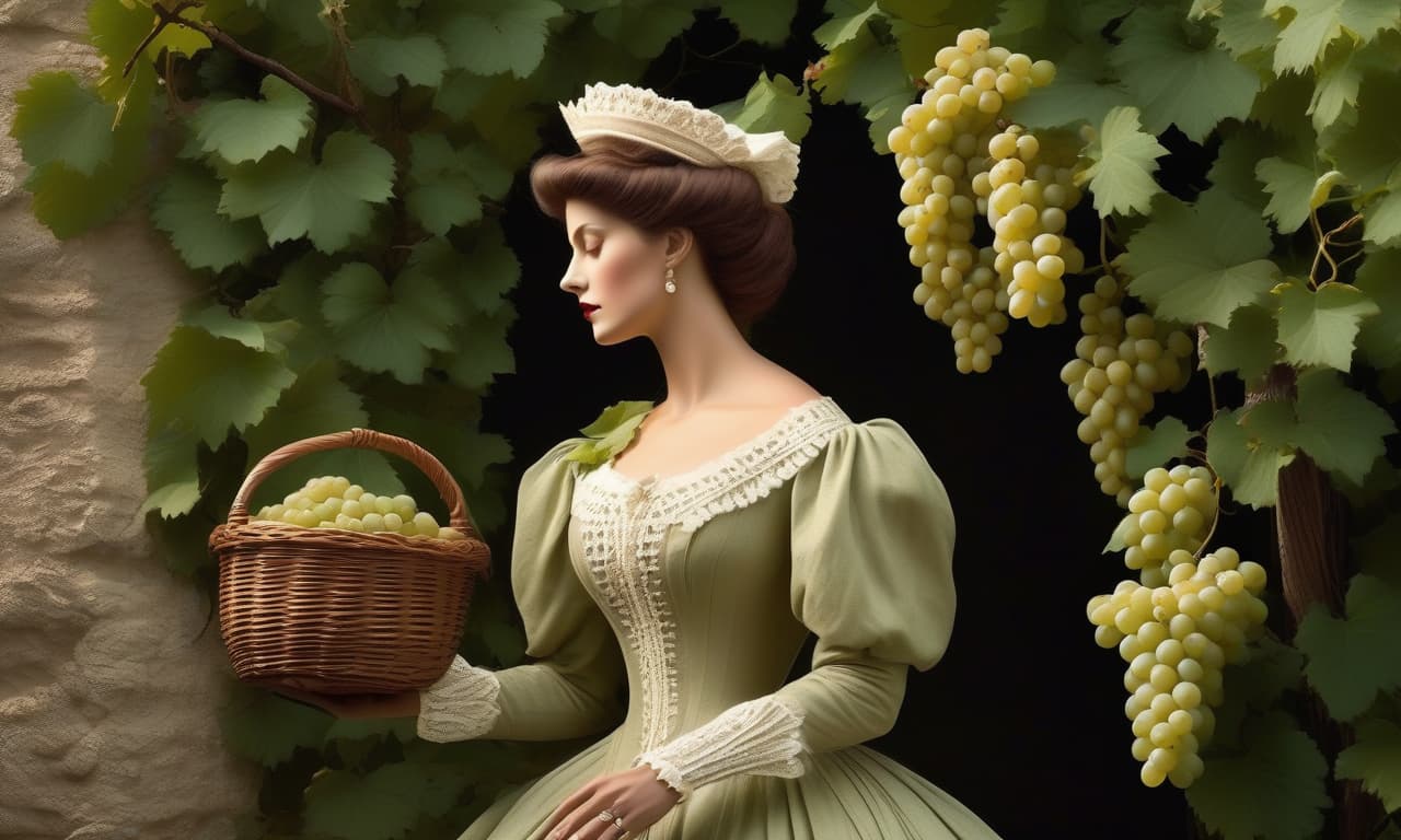  Victorian beauty in her sorrow, a charming composition,Greg Rutkovski A graceful full length Victorian dress in beige linen, a basket of white grapes in the 1870s, picking grapes on a high grape vine, with a small basket in hand, a masterpiece. Charming composition, Greg Rutkovski, high quality 3D rendering of details, colors: green, white, gray, yellow and beige. hyperrealistic, full body, detailed clothing, highly detailed, cinematic lighting, stunningly beautiful, intricate, sharp focus, f/1. 8, 85mm, (centered image composition), (professionally color graded), ((bright soft diffused light)), volumetric fog, trending on instagram, trending on tumblr, HDR 4K, 8K