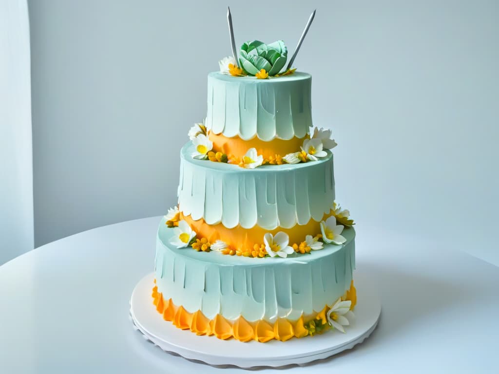  A highresolution image of a beautifully decorated threetiered cake with intricate frosting designs, delicate sugar flowers, and elegant piping details, set against a simple, clean background to emphasize the artistry and skill involved in pastry decoration. hyperrealistic, full body, detailed clothing, highly detailed, cinematic lighting, stunningly beautiful, intricate, sharp focus, f/1. 8, 85mm, (centered image composition), (professionally color graded), ((bright soft diffused light)), volumetric fog, trending on instagram, trending on tumblr, HDR 4K, 8K