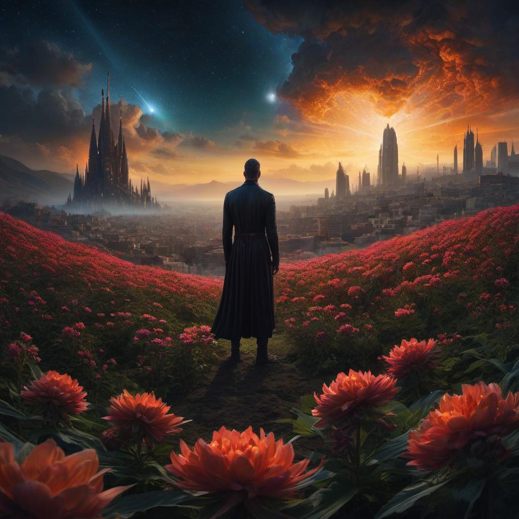  (stylized by Tomasz Alen Kopera:1.3) , dark art, dense flower field and Perseid meteor in background, landscape of a (Barcelona:1.2) , very Bizarre and 1600'S, Hurricane, Glitchcore, Amaro, layered textures, ornate, intricate artistic color, complimentary colors, very inspirational, atmosphere, fine artistic composition, sunny, theatrical hyperrealistic, full body, detailed clothing, highly detailed, cinematic lighting, stunningly beautiful, intricate, sharp focus, f/1. 8, 85mm, (centered image composition), (professionally color graded), ((bright soft diffused light)), volumetric fog, trending on instagram, trending on tumblr, HDR 4K, 8K