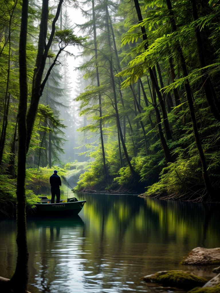  Guys on a fishing trip near green boat into forest at lake hyperrealistic, full body, detailed clothing, highly detailed, cinematic lighting, stunningly beautiful, intricate, sharp focus, f/1. 8, 85mm, (centered image composition), (professionally color graded), ((bright soft diffused light)), volumetric fog, trending on instagram, trending on tumblr, HDR 4K, 8K