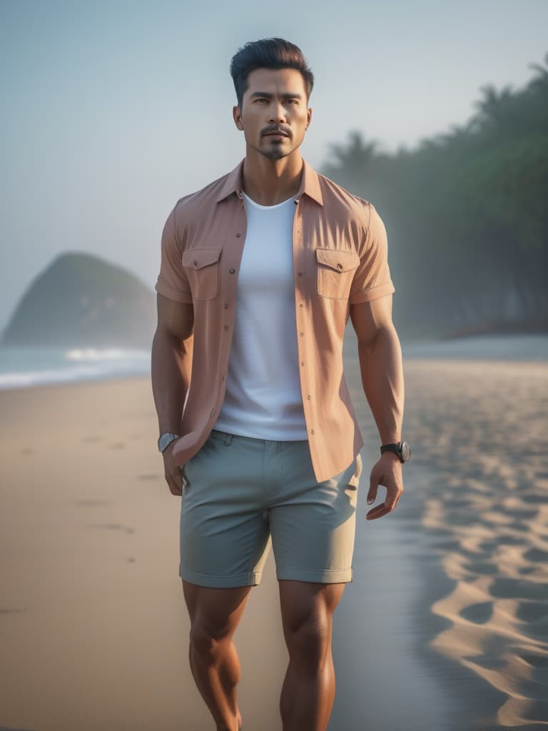  half body portrait,Young Asian man wear summer beach casual short sleeve shirt and casual shorts, happy relax standing on beach near sea when sunrise in morning, cinematic lighting, stunningly beautiful, intricate, sharp focus, f/1. 8, 85mm, (professionally color graded), ((bright soft diffused light)), volumetric fog, trending on instagram, trending on tumblr, HDR 4K, 8K hyperrealistic, full body, detailed clothing, highly detailed, cinematic lighting, stunningly beautiful, intricate, sharp focus, f/1. 8, 85mm, (centered image composition), (professionally color graded), ((bright soft diffused light)), volumetric fog, trending on instagram, trending on tumblr, HDR 4K, 8K