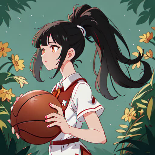  anime girl black hair bright dark brown eyes red and white basketball uniform with the number 18 and the name Nicky white and black shoes Have your hair in a medium high ponytail with two strands on the sides of your ears, have a basketball and look full body Pastel Palette, Da Vinci's Dreams, Picasso's , Sunrise Splendors, Floral Fantasy, Mystical Moonscapes, Urban Nature, Crystal Clear, Cinematic hyperrealistic, full body, detailed clothing, highly detailed, cinematic lighting, stunningly beautiful, intricate, sharp focus, f/1. 8, 85mm, (centered image composition), (professionally color graded), ((bright soft diffused light)), volumetric fog, trending on instagram, trending on tumblr, HDR 4K, 8K