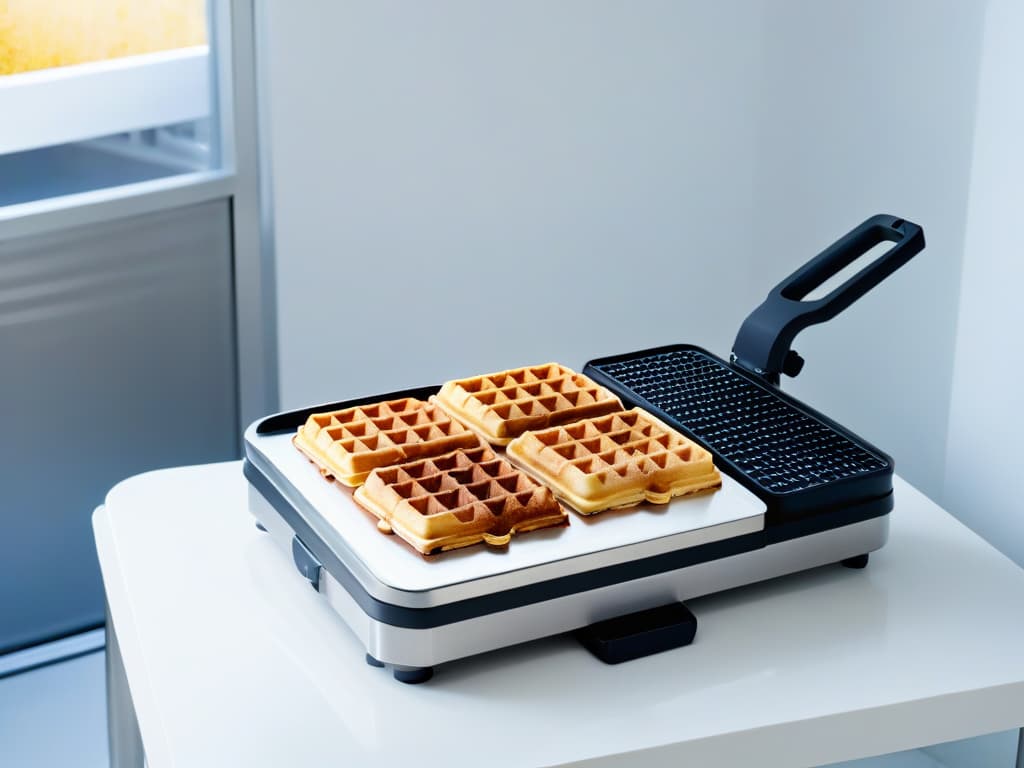  A highresolution, minimalist image of a sleek, stainless steel waffle maker on a pristine white countertop, with soft natural light filtering in, casting a gentle shadow. The waffle maker is unbranded, with a modern design featuring smooth, clean lines and a subtle sheen. The image exudes a sense of professional craftsmanship and highquality construction, appealing to the audience's desire for topoftheline wafflemaking equipment. hyperrealistic, full body, detailed clothing, highly detailed, cinematic lighting, stunningly beautiful, intricate, sharp focus, f/1. 8, 85mm, (centered image composition), (professionally color graded), ((bright soft diffused light)), volumetric fog, trending on instagram, trending on tumblr, HDR 4K, 8K